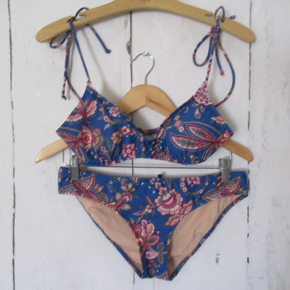 J Crew Bikini S Swimsuit Top Bottom Blue Floral Print Triangle Retro Boho